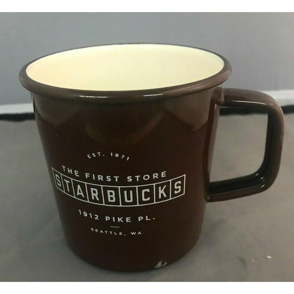 Starbucks Pike Place Seattle WA Enameled Tin Brown Mug Camping‎ Exclusive First